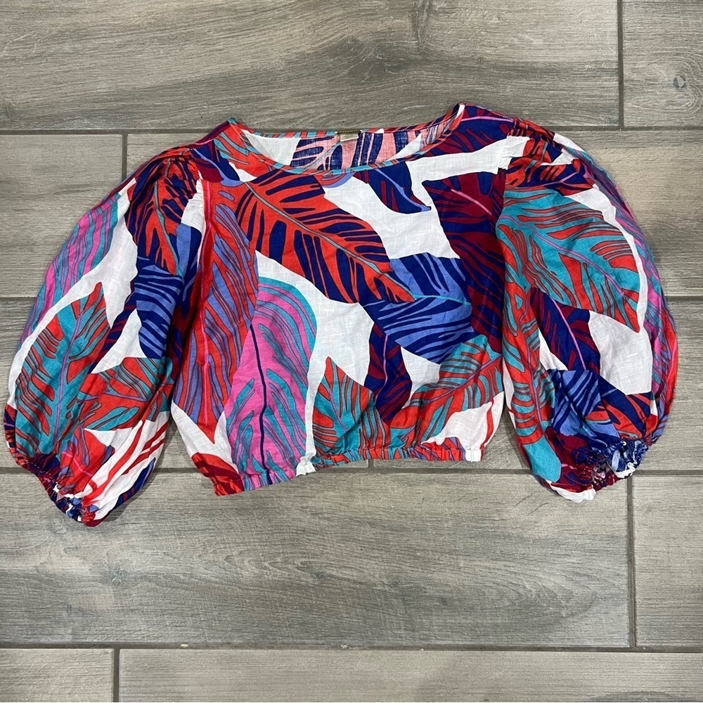 MAGASCHONI MULTICOLORED Print 100% LINEN Puff Sleeve Crop TOP Women’s Size Large